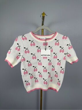NWT Active USA Cherry Jacquard Sweater Top Pink White Size S
